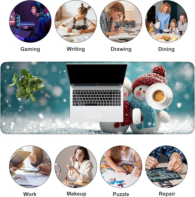 Mouse Pad, Large Anti-Slip with Stitched Edges Desk Mat Desktop Laptop Computer Desk Keyboard Mat,Table Protector Blotter Mat (Two Snowman, 31.5" x 11.8")
