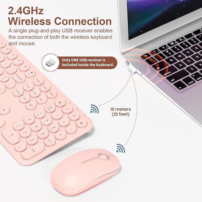 Cute Wireless Keyboard and Mouse Combo Slim 2.4GHz USB Cordless Full Size Silent Retro Keyboard and Mouse Set for PC Computer,Laptop,Windows,Mac,Tablets（Upgraded Peach）