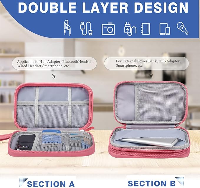 Travel Electronics Organizer, Waterproof Cable Organizer Bag, Accessories Storage Case Pouch for Cable, Cord, Charger, Phone, Power Bank, Earphone (Dark Pink, Medium)