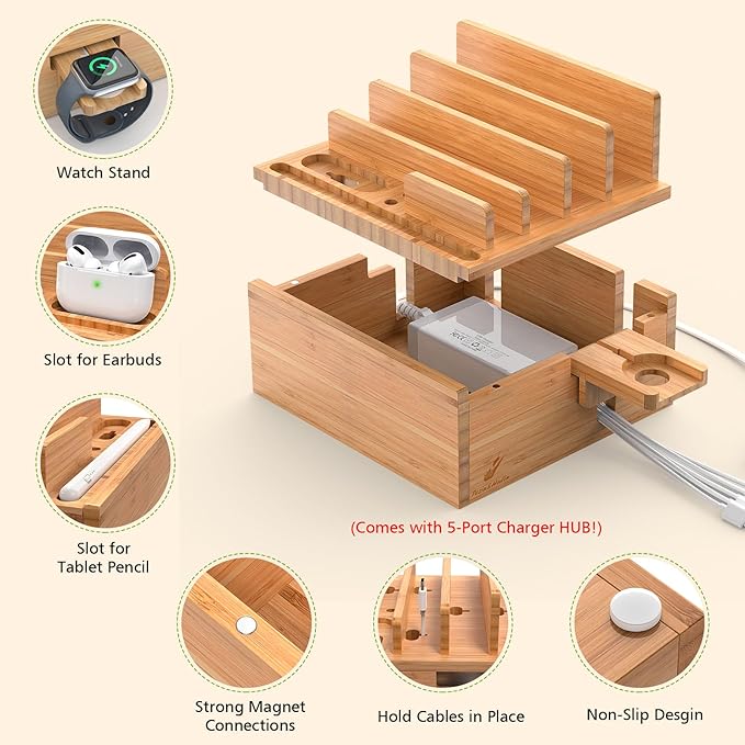 Pezin & Hulin Bamboo Charging Station Holder with 5 Port USB Charger, 5 x Charge Cables, Watch Stand, Wood Docking Stand Electronic Organizer for Multiple Devices, Phones, Tablets and Earpods