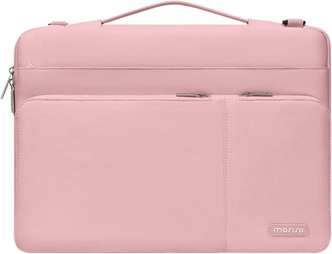 MOSISO 360 Protective Laptop Shoulder Bag Compatible with MacBook Pro 16 inch 2023-2019 M2 A2780 M1 A2485 Pro/Max A2141,15-15.6 inch Notebook,Side Open Sleeve with 3 Front Pockets&PU Handle&Belt, Pink