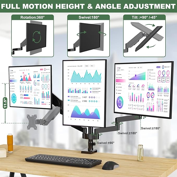 UPGRAVITY Triple Monitor Desk Mount for Three Flat/Curved Computer Screens up to 27 inch, Fully Adjustable Gas Spring Triple Monitor Arms Hold up to 17.6lbs, VESA 75x75/100x100mm