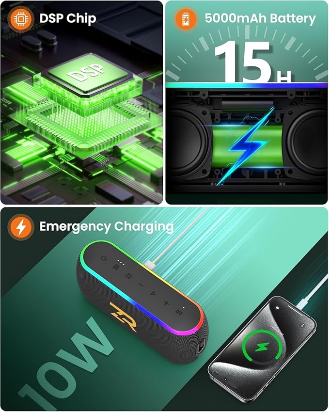 Bluetooth Speaker, Portable Wireless Speakers with Hooks, 40W Deep Bass EQ, IPX6 Waterproof, Bluetooth 5.3 TWS, RGB Lights, 15H Playtime, Built-in Battery for Outdoor Camping Beach (Black)