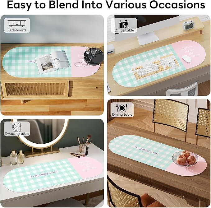 Checkered Pattern Desk Pad Protector, 35.5 x 13'' Aesthetic Mouse Mat for Desktop, Waterproof PU Leathe Non-Slip Desk Writing Pad for Office and Home, Blue-Green Pink