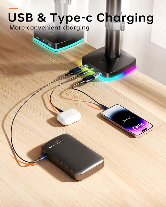 Afaloona RGB Single Monitor Stand, Monitor Arm with 3 USB Ports, Charging and USB Data Transfer Function, Adjustable Desk Mount for 13-27" Monitors up to 17.6lbs, VESA 75x75-100x100mm,Ergonomic Design