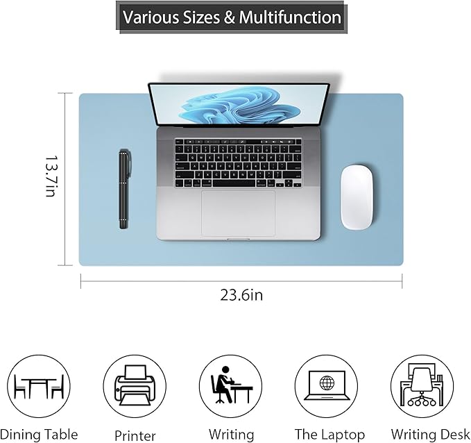 Mouse Pad Desk Protector Mat, Large PU Leather Office Desk Mat, Non-Slip Desk Pad for Keyboard and Mouse, Waterproof Desk Blotter Pad for Writing, Wide & Smooth Laptop Desk Pads, Sky Blue (17’’X36’’)