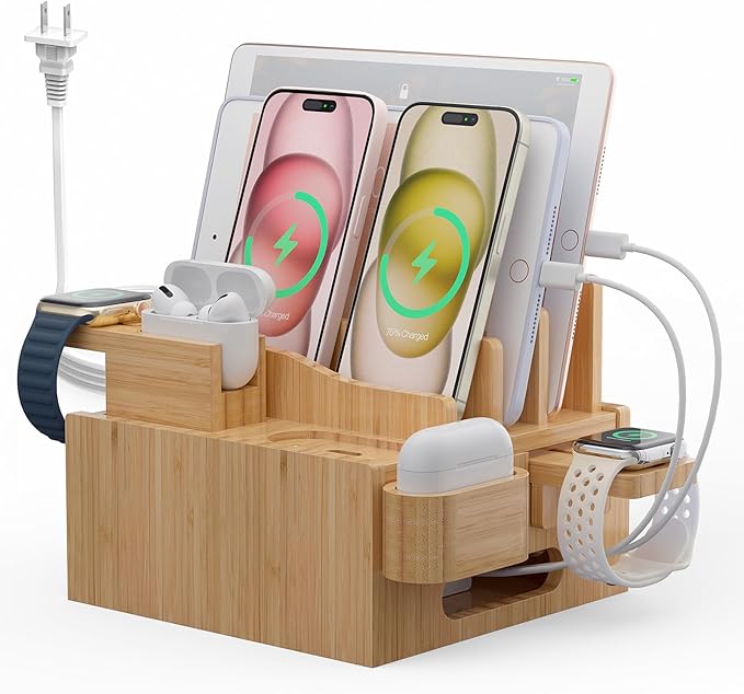 Pezin & Hulin Multiple USB Charging Station, Wooden Bamboo Dock Station for Cell Phones, Tablets, Earpods and Smart Watch, Including Power Charger HUB, 5 Cables -Natural Bamboo