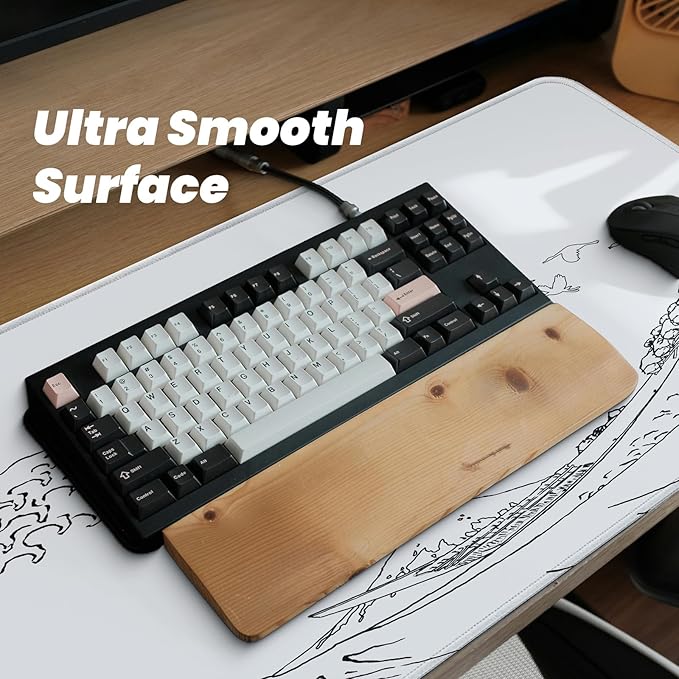 Gaming Mouse Pad, Large 31.5 x 11.8 inches Mousepad, Long Keyboard Pad, Cute Mouse Mat for Computer with Stitched Edges and Non-Slip Base (Japanese Grey White Wave)