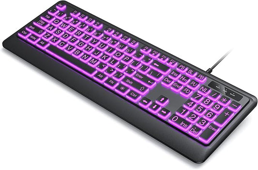 Large Print Backlit Computer Keyboards, 7 Colors Backlight USB Keyboard, Plug-and-Play, Foldable Stands, Corded Full Size Keyboard for Windows, PC, Laptop (Black, Large)
