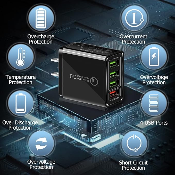 USB Charger 40W QC3.0 USB Wall Charger, CARZONJX 5V/3.1A 4 Port Fast Charger [with LED Light] Fast Charging Block for iPhone 17 16 15 14 13 12 11 X 8, iPad, Galaxy, LG, Moto, Switch and More