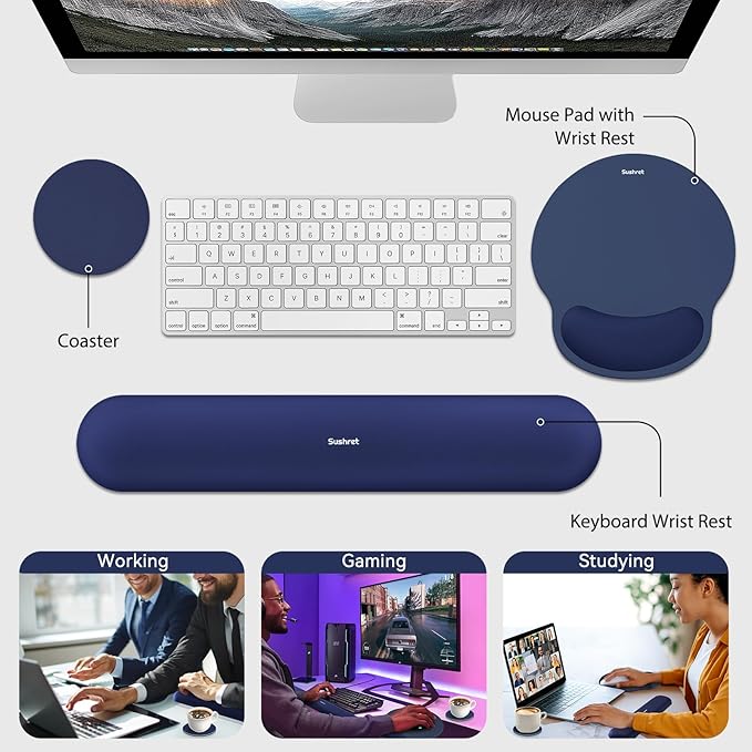 Sushret Mouse Pad and Keyboard Wrist Rest, 3-in-1 Gel Memory Foam Ergonomic Mouse Pad with Wrist Rest Set, Gaming Mousepad Arm Cushion Support for Computer Office Desk Accessories Cute Setup,Dark Blue