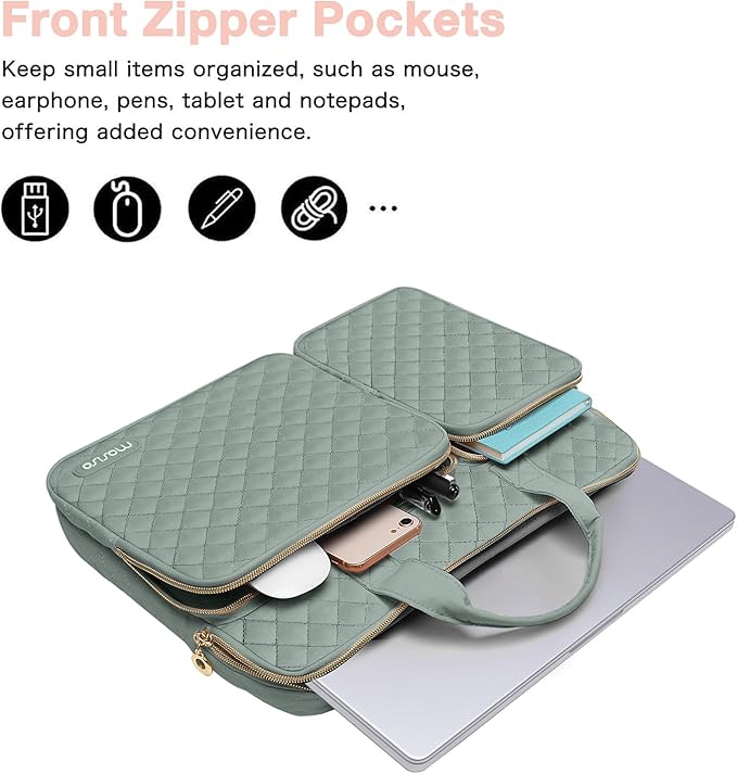 MOSISO 360 Protective Laptop Case 14 inch, 14 inch Laptop Sleeve Compatible with HP Lenovo Dell ASUS Acer, HP Stream, Dell Latitude, Square Quilted Bag Cover with 2 Pockets&Handle&Belt, Antique Green