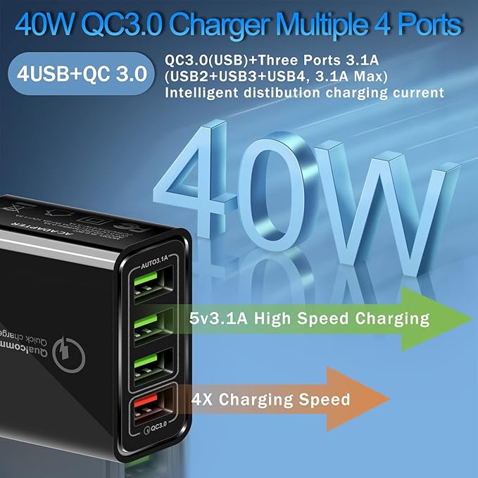 USB Charger 40W QC3.0 USB Wall Charger, CARZONJX 5V/3.1A 4 Port Fast Charger [with LED Light] Fast Charging Block for iPhone 17 16 15 14 13 12 11 X 8, iPad, Galaxy, LG, Moto, Switch and More