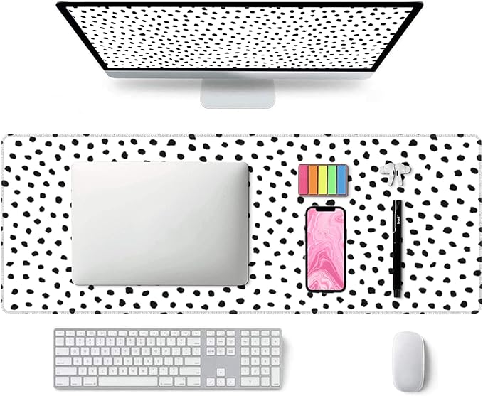 Polka Dot White Large Desk Mat Desk Pad,Extended Large Mouse Pad Cute Mouse Pads For Desk Accessories,31.5 x 11.8Inch Long Computer Keyboard MousePad Mouse Mat with 3mm Non-Slip Base and Stitched Edge