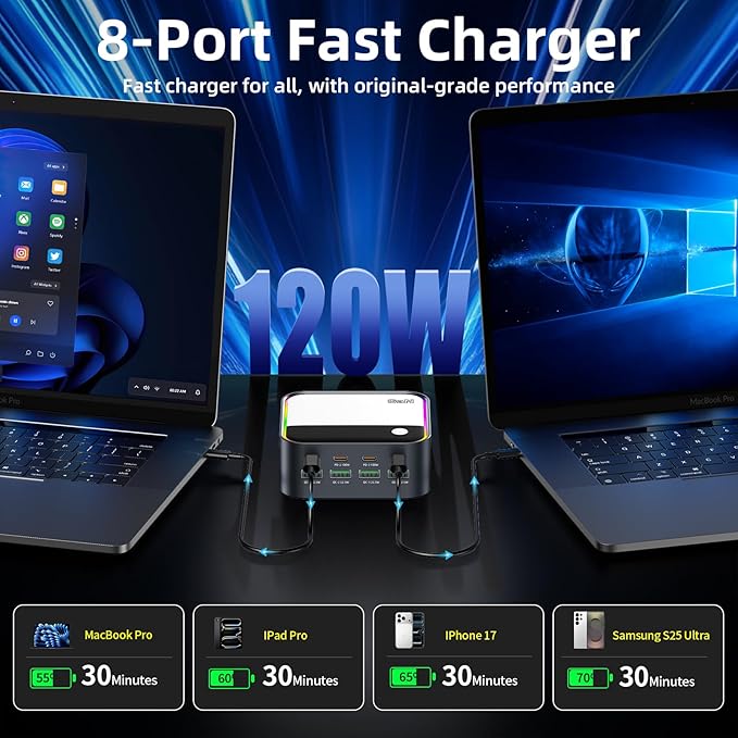 120W GaN USB C Charger Block Fast Charging, MultiPort USB Charging Station with Rainbow Gradient Light & LED Display for iPhone, Samsung Galaxy, iPad, Tablet, Laptop, Drones, Headphones