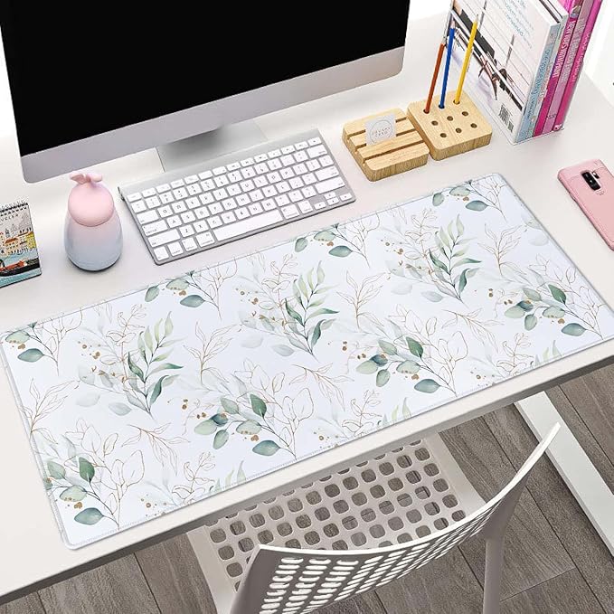 Eucalyptus Leaves Desk Pad Mouse Pad,Large Gaming Mouse Mat with Stitched Edges,Non-Slip Waterproof Rubber Base Mous Mat for Office Computer Keyboard Laptop Home(31.5X11.8 in)