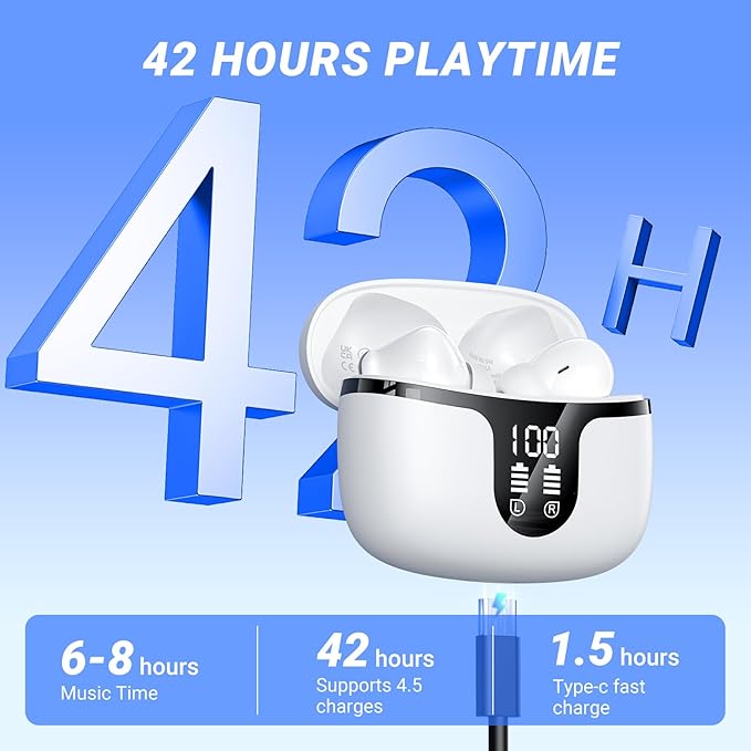 Wireless Earbuds Bluetooth 5.4 Headphones HiFi Stereo 42H Playback in Ear with 4 ENC Noise Cancelling Mic, IPX7 Waterproof and LED Battery Display Screen for Running Fitness Office Ear Buds in White