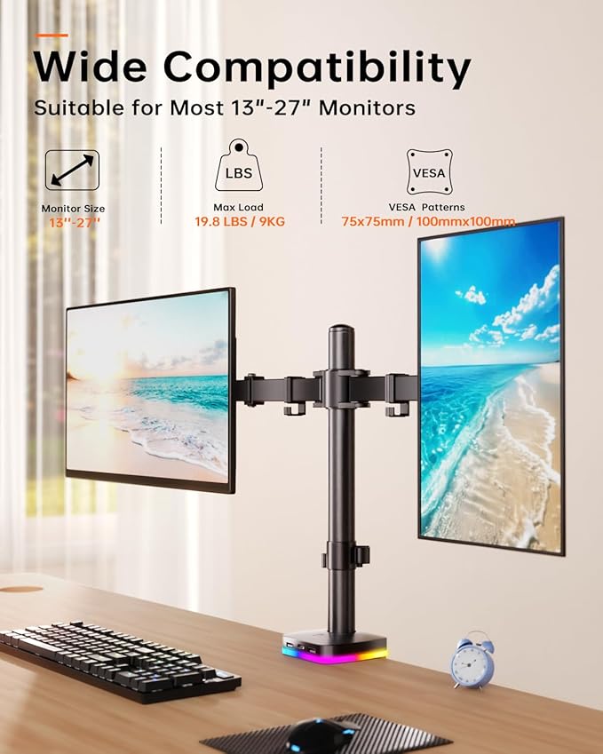 Afaloona RGB Dual Monitor Desk Mount, Monitor Stand with 3 USB Ports, Charging and USB Data Transfer Function, Adjustable Arms for 13-27" Monitors up to 17.6lbs, VESA 75x75-100x100mm,Ergonomic Design