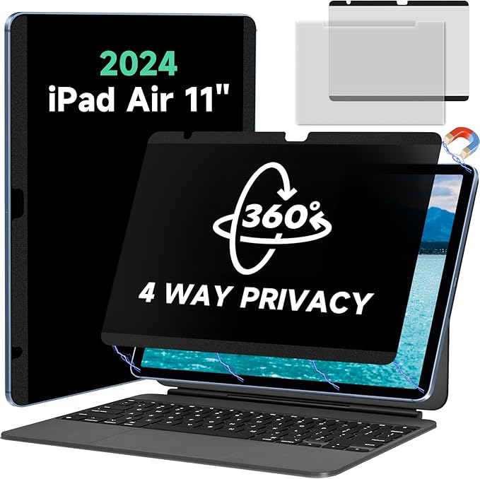 Magnetic 360° Privacy Screen for iPad Air 11 inch M2/M3/M4 (6/7/8th Gen，2024/2025/2026) Case Friendly Blue light Blocker Anti-glare Eye Strain Filter, Removable Anti Spy Film Support Apple Pencil