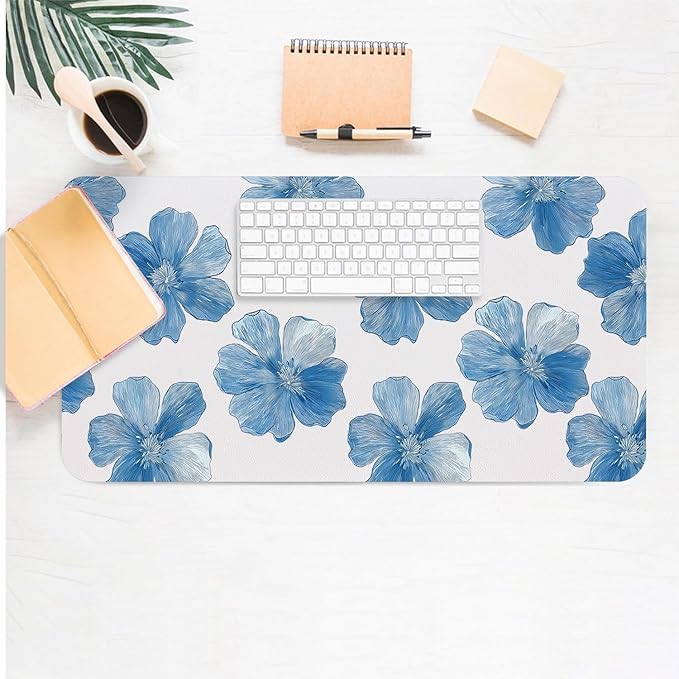 Large Mouse Pad, Blue Floral Desk Mat for Desktop, Women Girls Flowers PU Leather Waterproof Desk Pad, Computer PC Laptop Protector Gaming Mouse Pads for School Office Home (23.6" x 11.8")