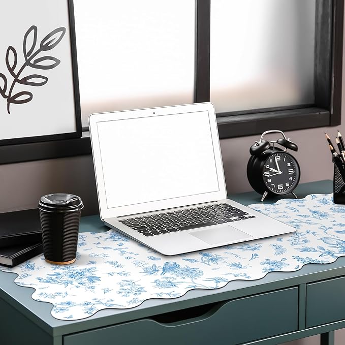 Scalloped Desk Mat Large Blue and White Floral Chinoiserie Mouse Pad 35.4'' x 15.7'' Vintage Nonslip Rubber Keyboard Pad for Laptop Computer Keyboard Vanity Work Home Decor