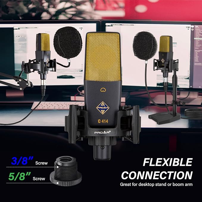 XLR Podcast Microphone Professional Cardioid Studio Condenser Microphone 25mm Large Diaphragm Computer PC Gaming Mic Kit with Upgrade Pop Filter for Vocal Recording,Streaming,YouTube C414