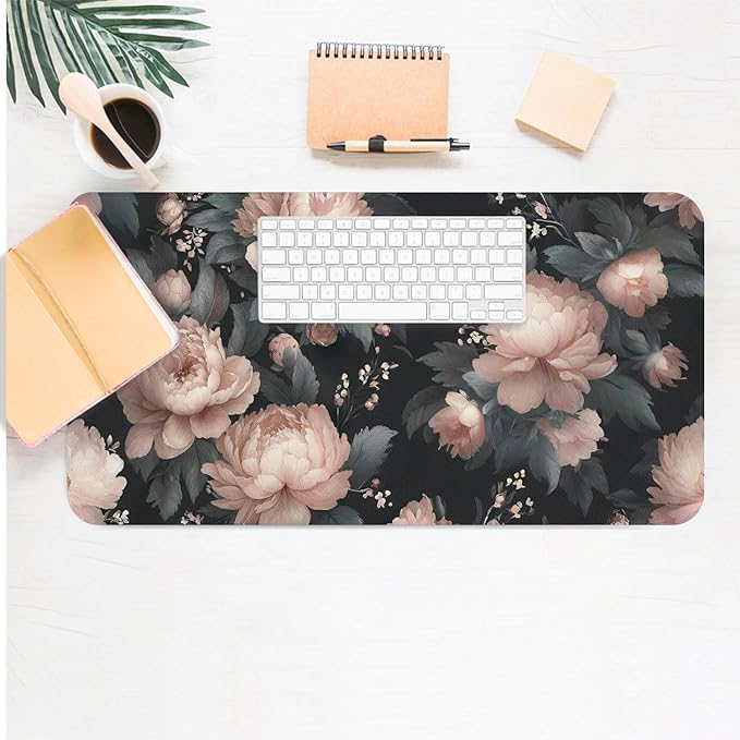 Large Mouse Pad, Black Flowers Desk Mat for Desktop, Women Girls Flowers PU Leather Waterproof Desk Pad, Computer PC Laptop Protector Gaming Mouse Pads for School Office Home 27.5" x 13.8"