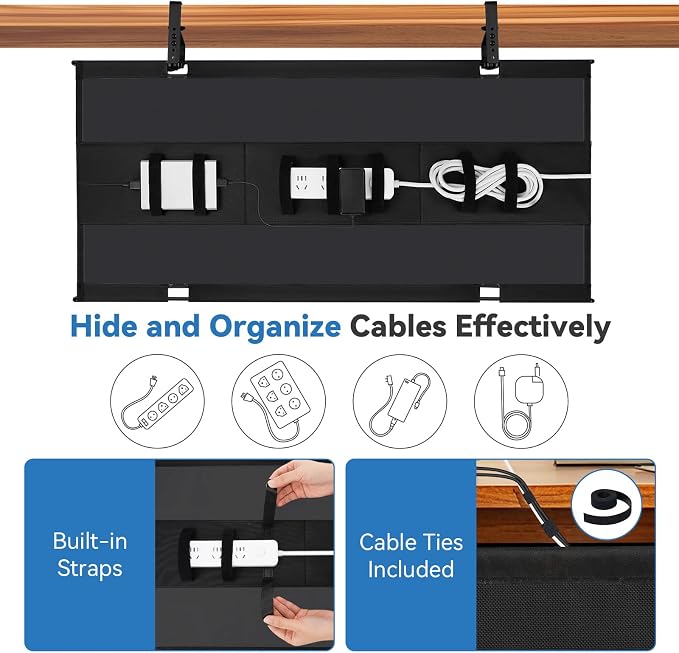 SHUWEI 36" Under Desk Cable Management Tray, Premium Fabric Cable Management for Desk, Clamp/Screw Mount Cable Tray for Office and Home (Black, 36" L) - Image 2