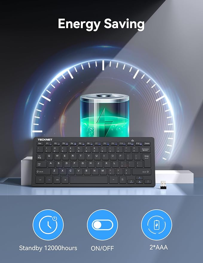 TECKNET 2.4G Wireless Keyboard - Mini Compact Keyboard with Media Hotkeys, 12-Month Battery Life, Compatible with PC, Desktop, Laptop, Smart TV - Black