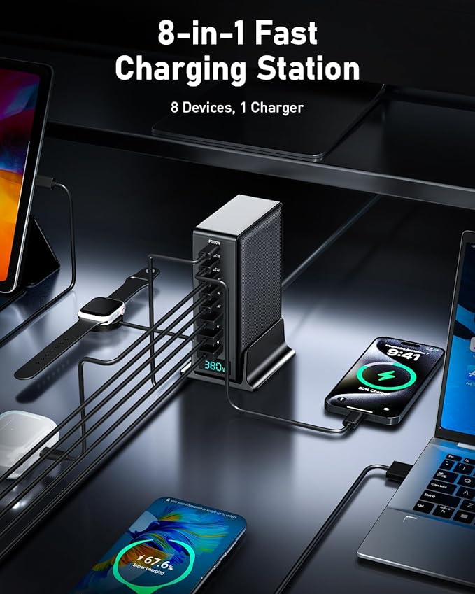 380w Charging Power Strip Station, 8 Port GaN Fast USB C Charger Block with Dual Pd 100w for Laptop, MacBook Pro/Air, Iphone16/15/14/13, Ipad, Samsung Galaxy, Android, for Travel, Home, Office