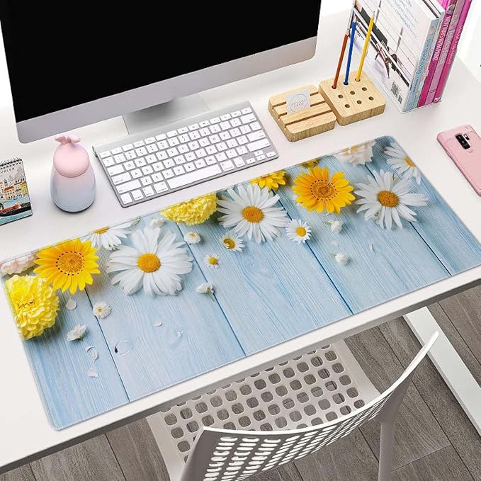 Desk Mat Flowers and Wood Large Keyboard Mouse Pad for Laptop PC Setup Desk Cover Protector Desk DéCor for Office Home Work Gaming 31.5" X 11.8" Stitched Edge Non-Slip Design