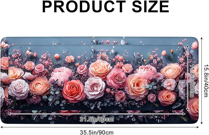 Mouse Pad, Large Anti-Slip with Stitched Edges Desk Mat Desktop Laptop Computer Desk Keyboard Mat,Table Protector Blotter Mat (Pink Flower, 35.4" x 15.7")