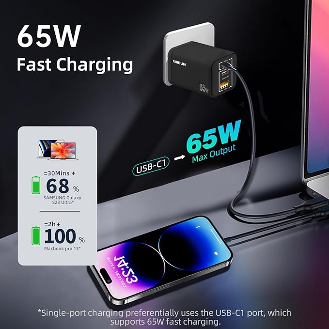 65W USB C Charger,3-Ports PD3.0 GaN Charger for Travel, Fast Charger USB C for MacBook Pro/Air, iPad, Galaxy S24 Ultra, Dell XPS, iPhone 15 Pro and More(Black)