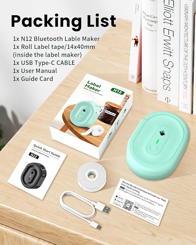 N12 Label Maker Machine with Tape, Portable Thermal Label Printer, Mini Labeler Wireless Bluetooth Label Makers for Home Office Kids Items