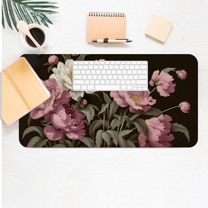 Large Mouse Pad, Black Floral Desk Mat for Desktop, Women Girls Flowers PU Leather Waterproof Desk Pad, Computer PC Laptop Protector Gaming Mouse Pads for School Office Home 27.5" x 13.8"