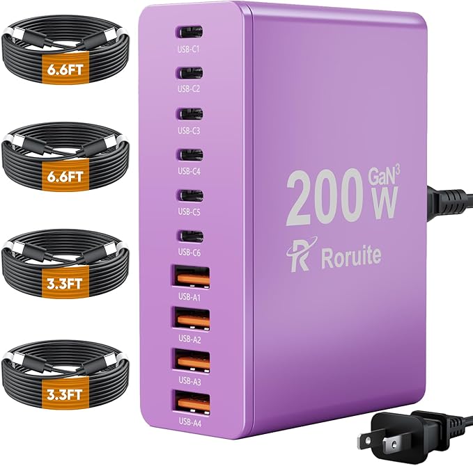 USB C Charging Station 10 Port with 4 USB Cables, 200W GaN Type C Charger Block, Wall Charger Power Strip Adapter Plug for iPad iPhone17 16 15 14 13 12 Pro Max Pixel Note Galaxy