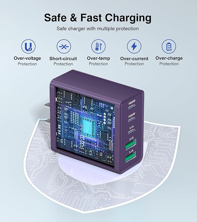 [2Pack] 60W USB C Plug,5-Port Fast Charger Block PD+QC Cube Wall Charging Box Brick for iPhone 17/16/15/14/13 for Samsung Galaxy S25/S24/S23/S22/S21+/S21 Ultra, Magsafe Wireless Charger,(Purple)