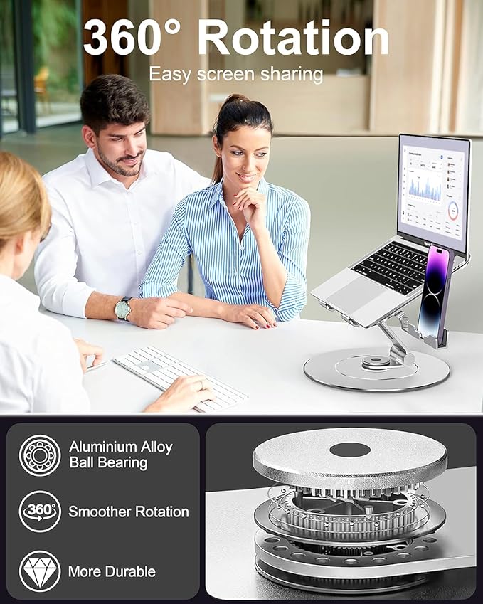 LOXP Laptop Stand with Phone Holder, Adjustable Laptop Stand, Aluminum Computer Mount Holder, Ergonomics Laptop Riser for Desk, Lectern Stand Fits MacBook, up to 17.3" All Notebooks Silver