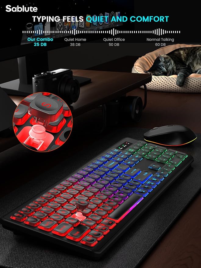 SABLUTE Wireless Keyboard and Mouse Backlit, Quiet Light Up Keys, Tilt Legs, Sleep Mode - Rechargeable USB Cordless Combo for Computer, iMac, PC, Laptop (Black)