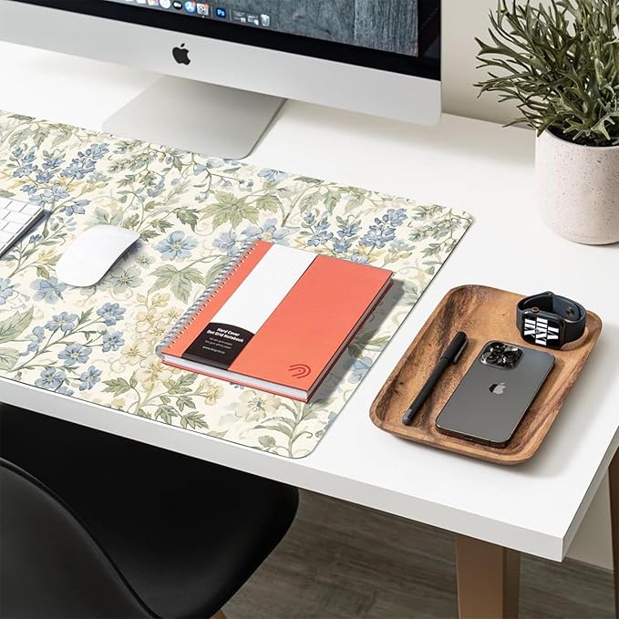 Large Mouse Pad, Beige Blue Floral Desk Mat for Desktop, Women Girls Flowers PU Leather Waterproof Desk Pad, Computer PC Laptop Protector Gaming Mouse Pads for School Office Home (23.6" x 11.8")