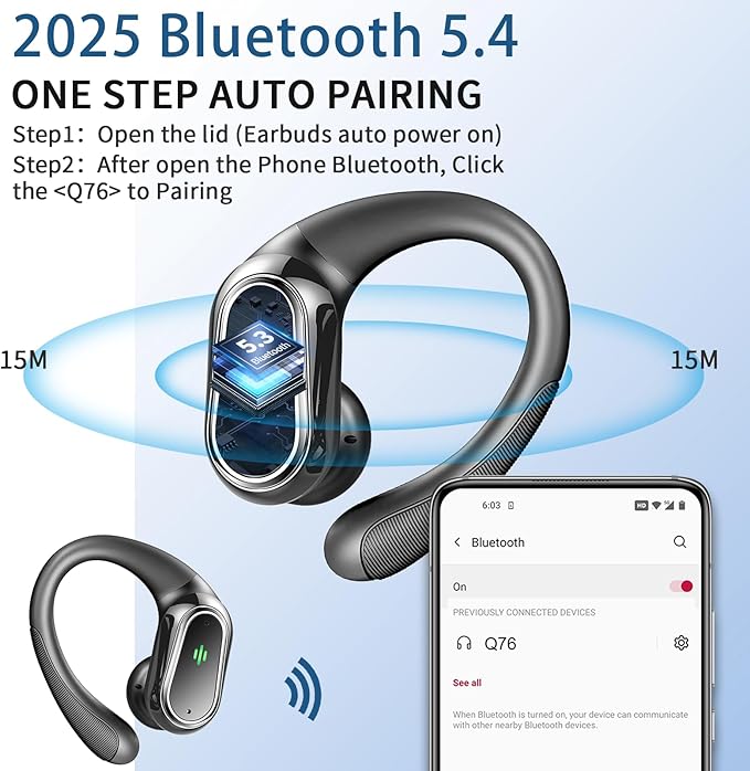 Wireless Earbuds, 2026 Bluetooth 5.4 Headphones Sport, 50Hrs HiFi Stereo Deep Bass Over-Ear buds with ENC Noise Cancelling Mic, IP7 Waterproof & LED Display Earphones with Earhooks for Workout/Running