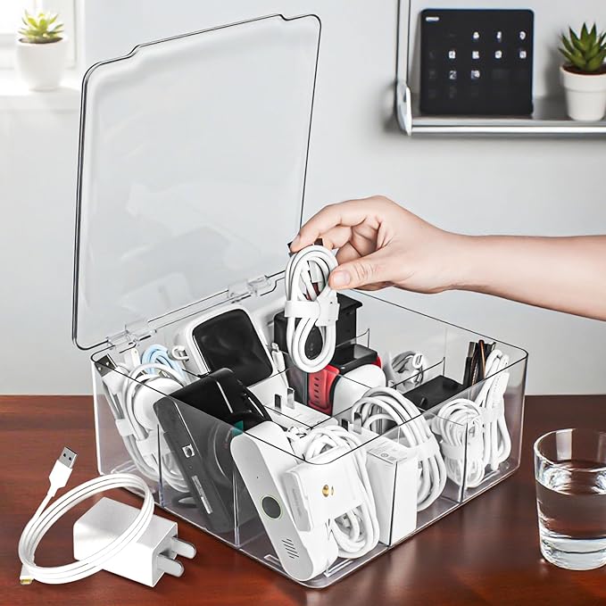 Charger and Cable Organizer Box with 10 Wire Ties, Adapter Storage Box, Plastic Charger Cable Cord Storage Organizer