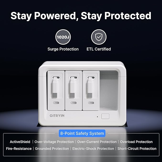 Gitryin 11-in-1 Desktop Charging Station with 3 Retractable Wall Chargers, 40W USB-C Power Strip with 5 AC, 3 USB C, 3 Type-C 33.5in Cables, Extension Cord with 1020J Surge Protection for Home Office