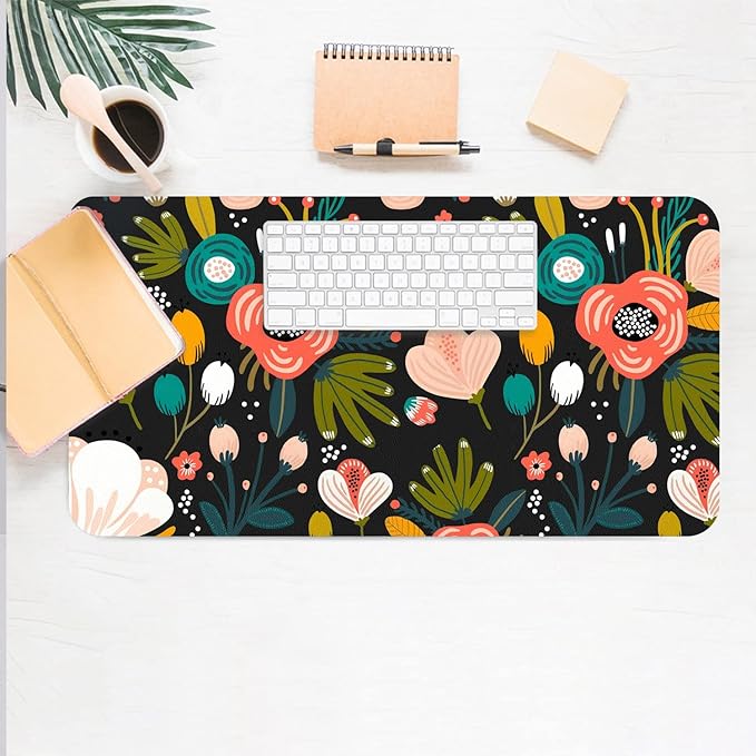 Desk Mat Large Protector Pad 27.5" ×13.8", Non-Slip PU Leather Desk Blotter, Waterproof Mouse Pad for Office Home Black Floral