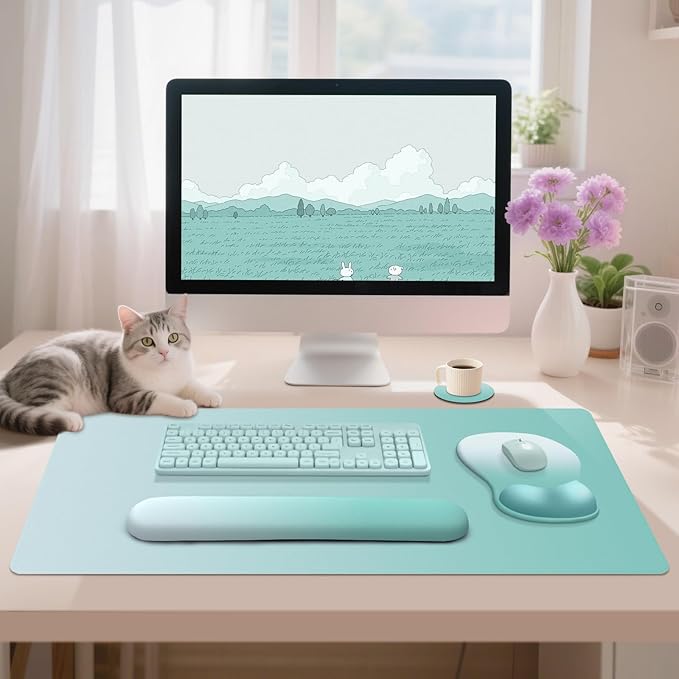 4-in-1 Large Gaming Mouse Pad, Keyboard Wrist Rest Pad & Wrist Support Mousepad Set, Extended Desk Pad Waterproof Desk Mat Protector for Home Office Decor Study Game 35.4×15.7 Inches I Mint Green