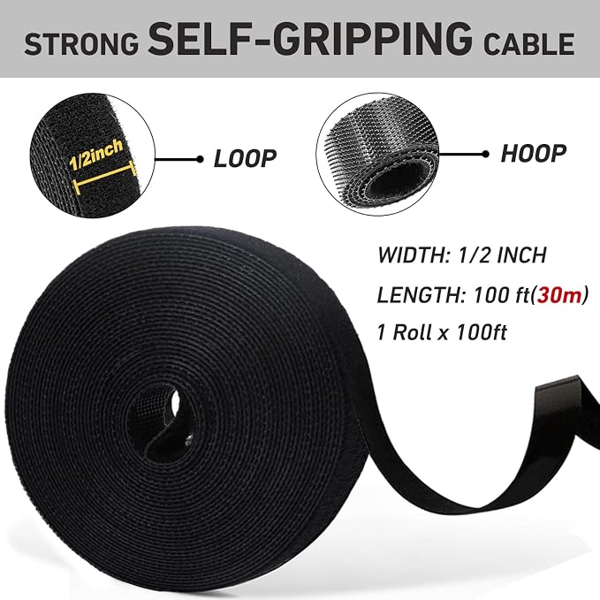 100ft x1/2 in Hook and Loop Roll, Hitotsu Reusable Fastening Tape Cable Ties, Self-Gripping Multi-Purpose Wrap Fasteners for Cord Manage,Home, Office, Electrical Cords, Data Center, Black - Image 2