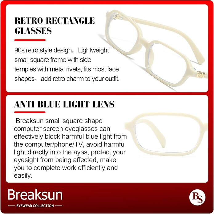 Breaksun Retro Rectangle Glasses for Women Men Small Square Blue Light Blocking Glasses Vintage Eyeglasses