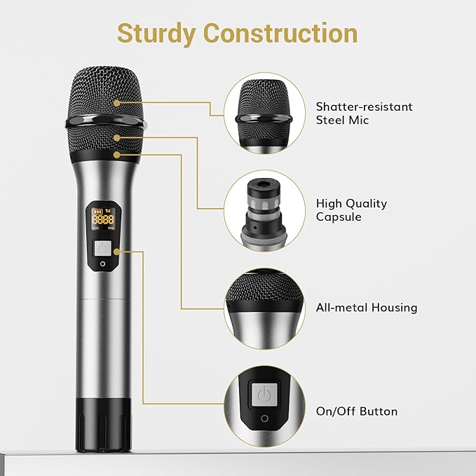 TONOR Wireless Microphones System, 2 * 15 Channel Metal Professional UHF Cordless Dynamic Handheld Mics with Receiver for Home Karaoke, Meeting, Party, Church, Wedding, KTV, 60 m/200ft, TW-820 Silver