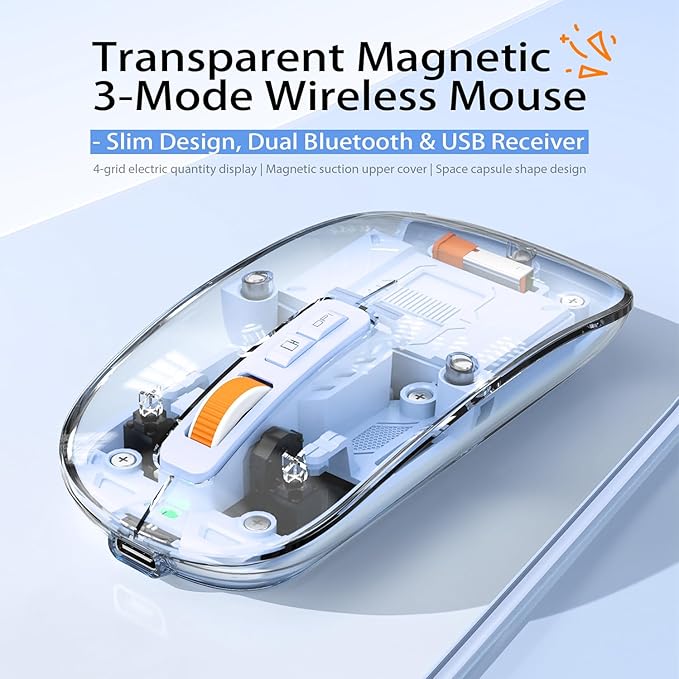 Modern Transparent Slim Wireless Mouse - Magnetic Shell Design, 3-Mode (Dual Bluetooth + USB), Rechargeable, One-Touch Desktop, for MacBook/pc/iPad/Laptop (Blue)