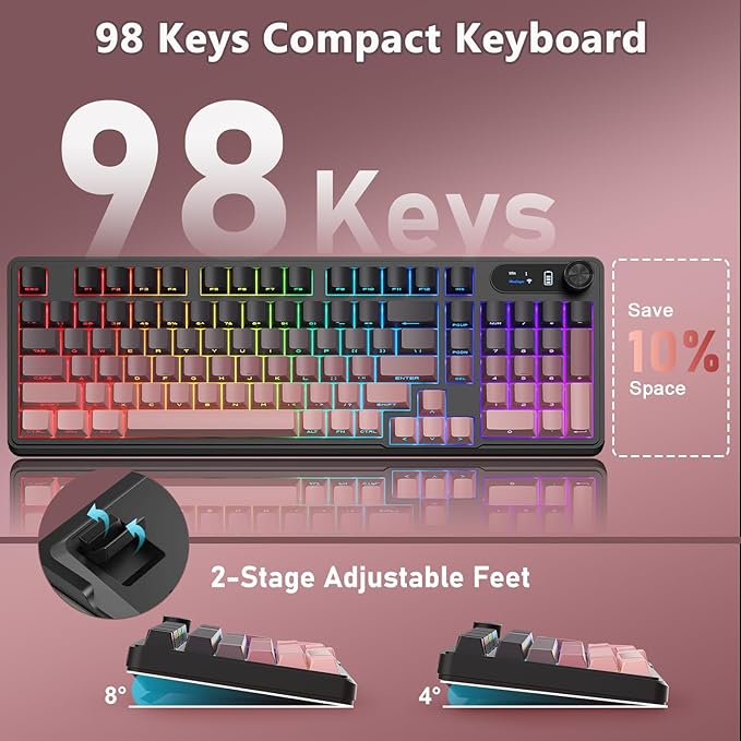 BlueFinger Wireless Gaming Keyboard and Mouse Combo, RGB Backlit, Tri-Mode Bluetooth/2.4G/USB-C Wired, 98 Keys Quiet Keyboard with Number Pad, Volume Knob & Screen, 4800 DPI Mouse for PC/Mac/Laptop